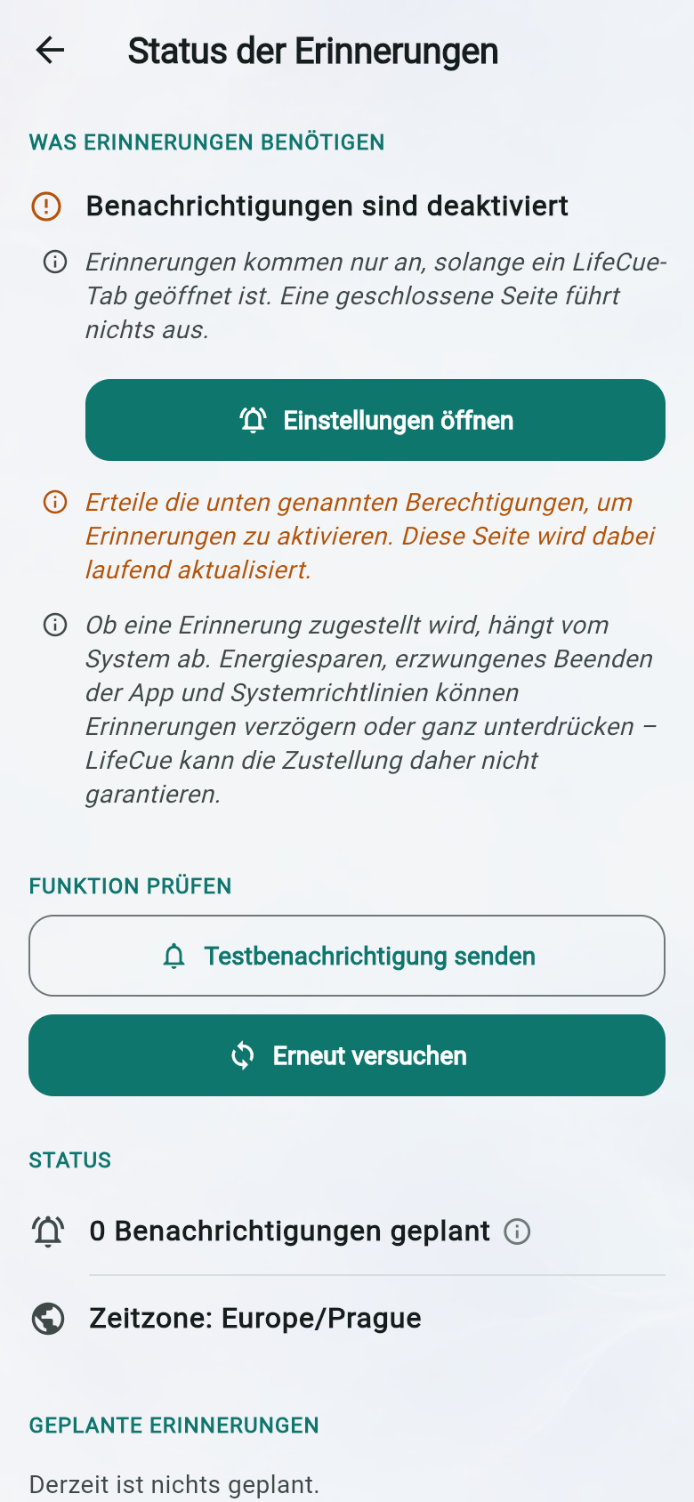 Status der Erinnerungen