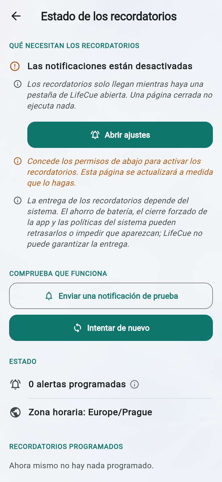 Estado de los recordatorios