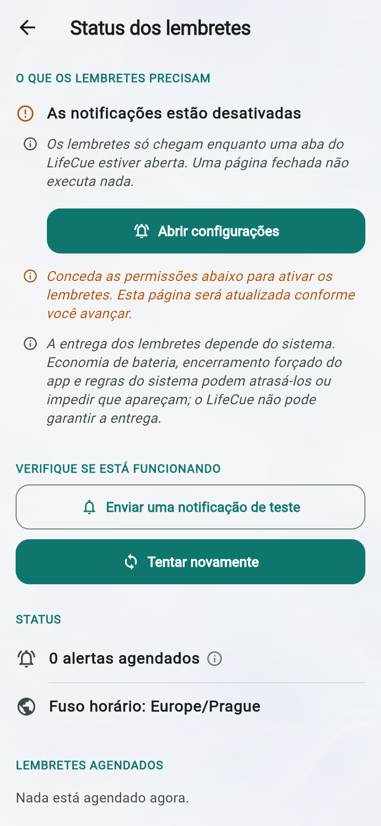 Status dos lembretes